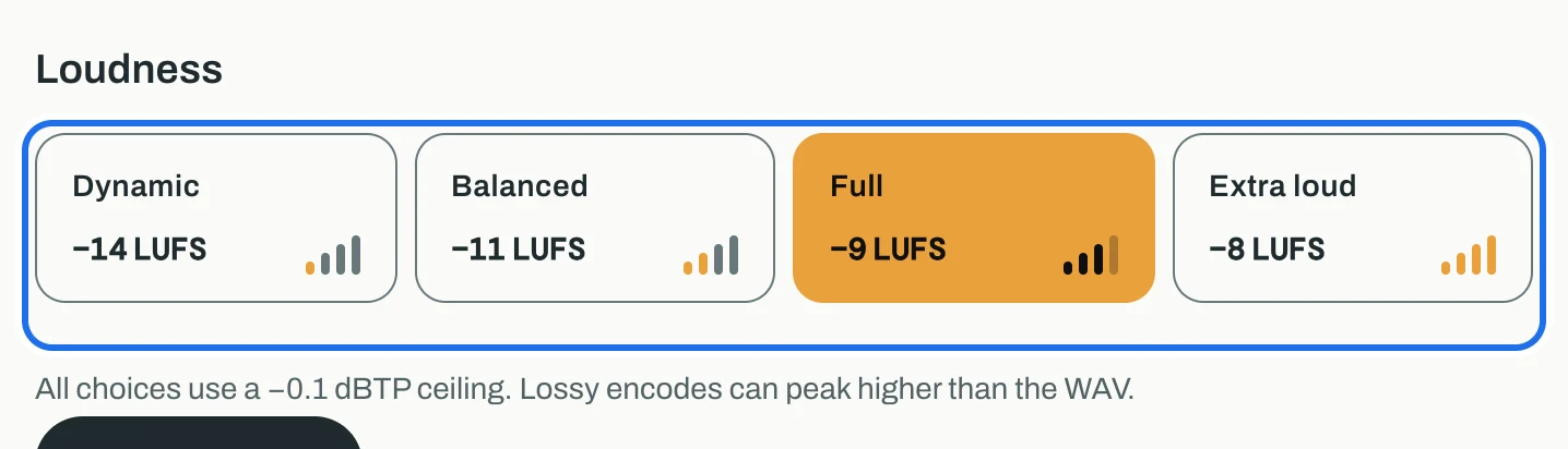 The four loudness choices, Dynamic, Balanced, Full and Extra loud, ringed, with Full selected.