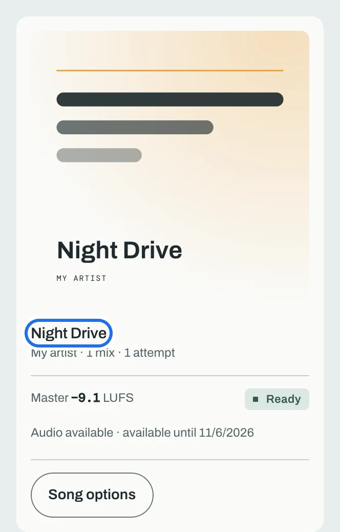 A song card in Songs and masters: Night Drive, its master at minus 9.1 LUFS, Ready. The song's name is ringed.