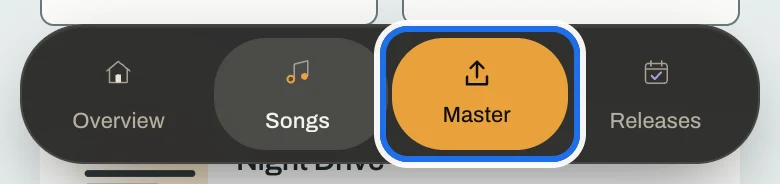 The bottom bar with Overview, Songs, Master and Releases; Master is ringed.
